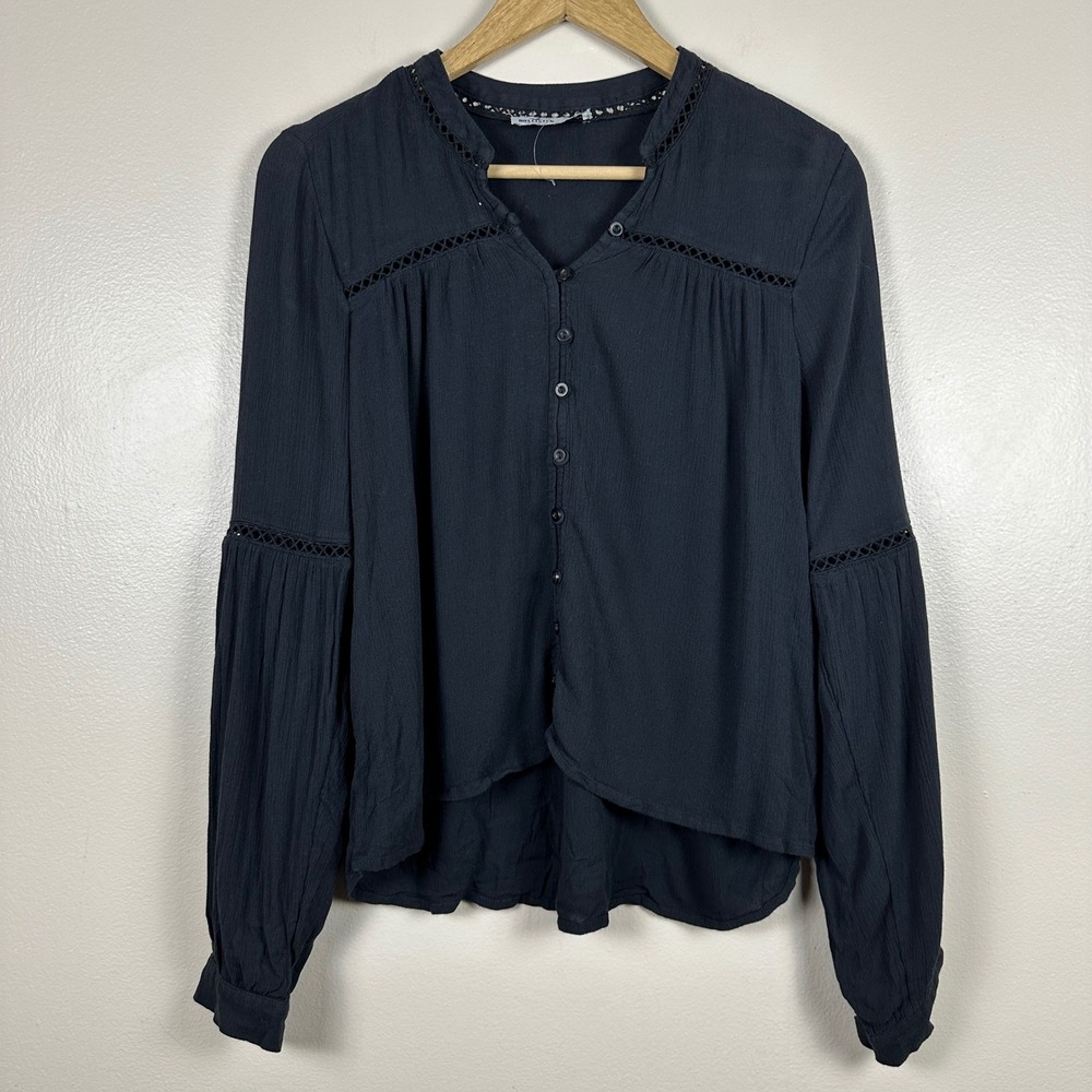 Hollister Women's M Blouse Black Crochet Lace Trim Balloon Sleeve Boho Top